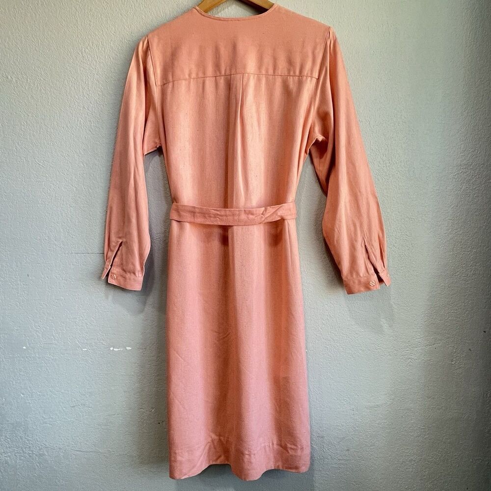 100% Silk Textured Midi Dress     Peach Blush Belted Pockets Size 8 - Picture 8 of 13